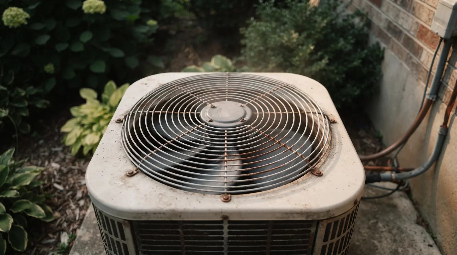 Outdoor condenser unit with the fan visible through the top grille