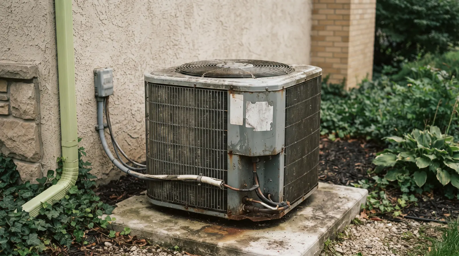 Outdoor air conditioning condenser unit beside a house wall