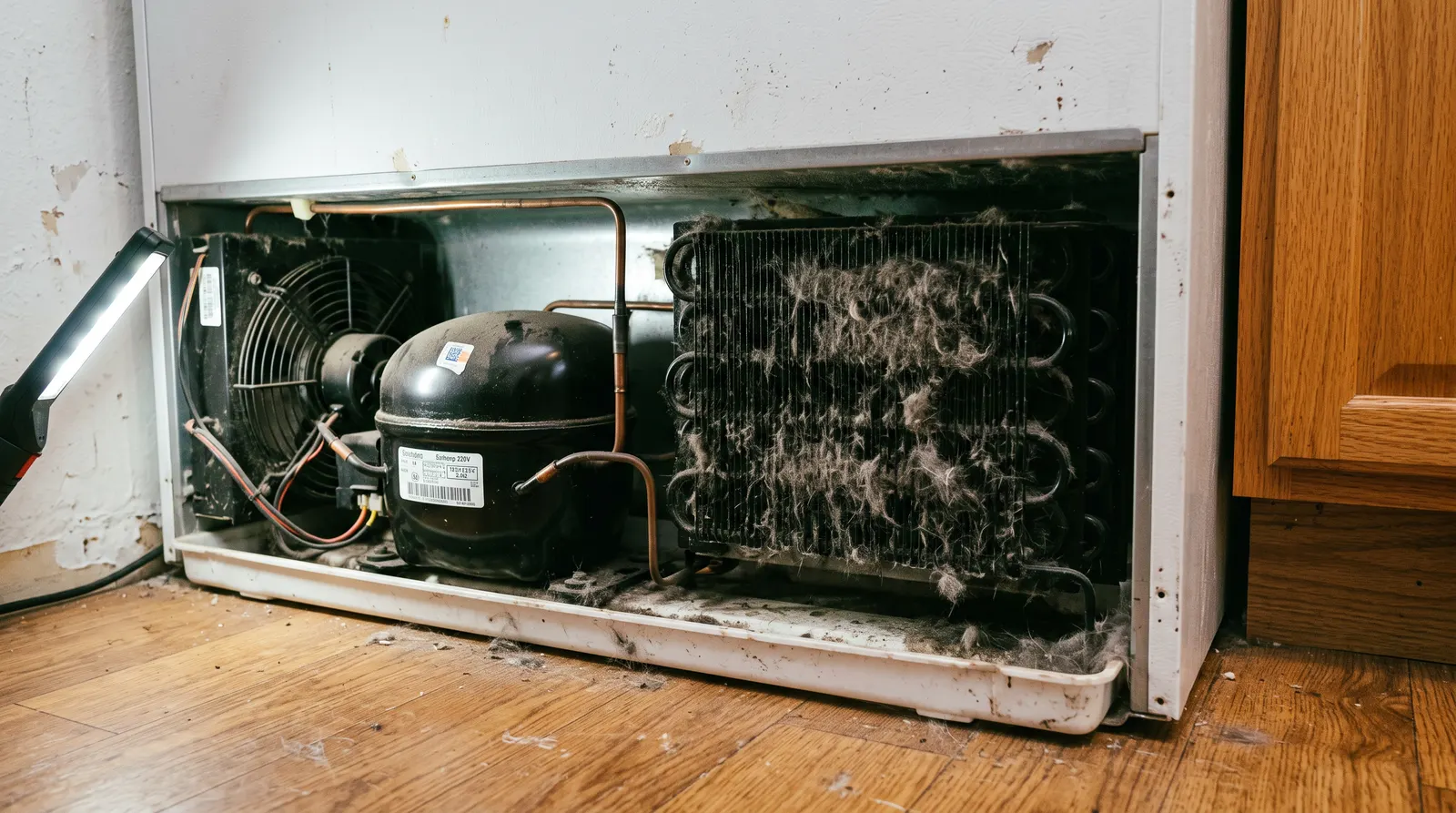 Dust-matted refrigerator condenser coils behind the lower access panel