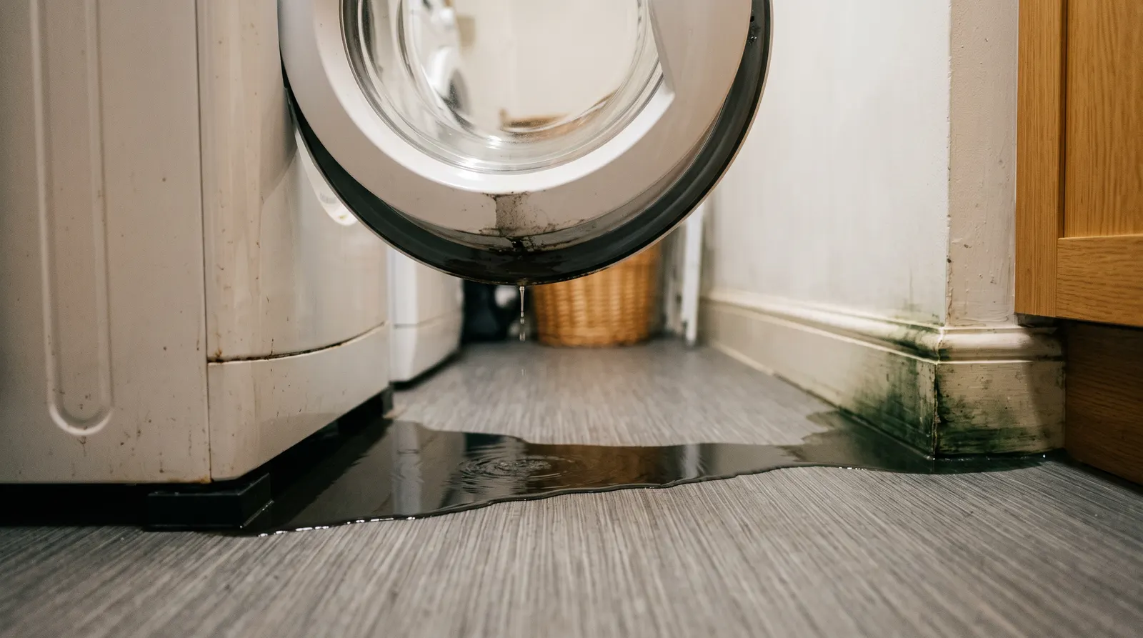 Water pooling under the front corner of a washing machine on a laundry floor