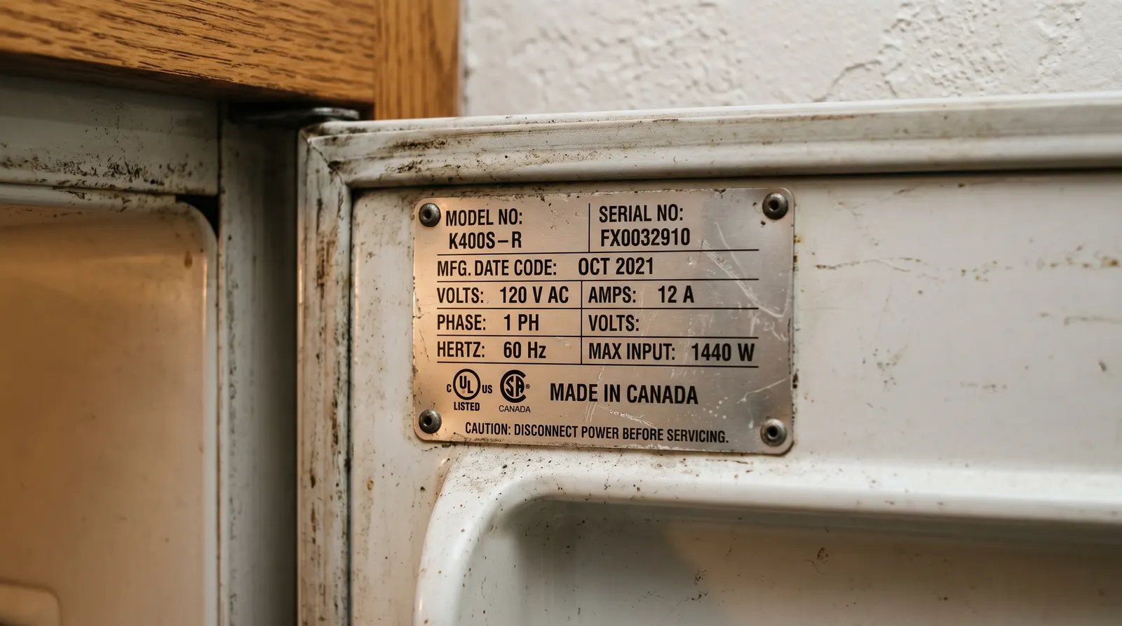 Appliance data plate showing model and serial numbers inside a door frame
