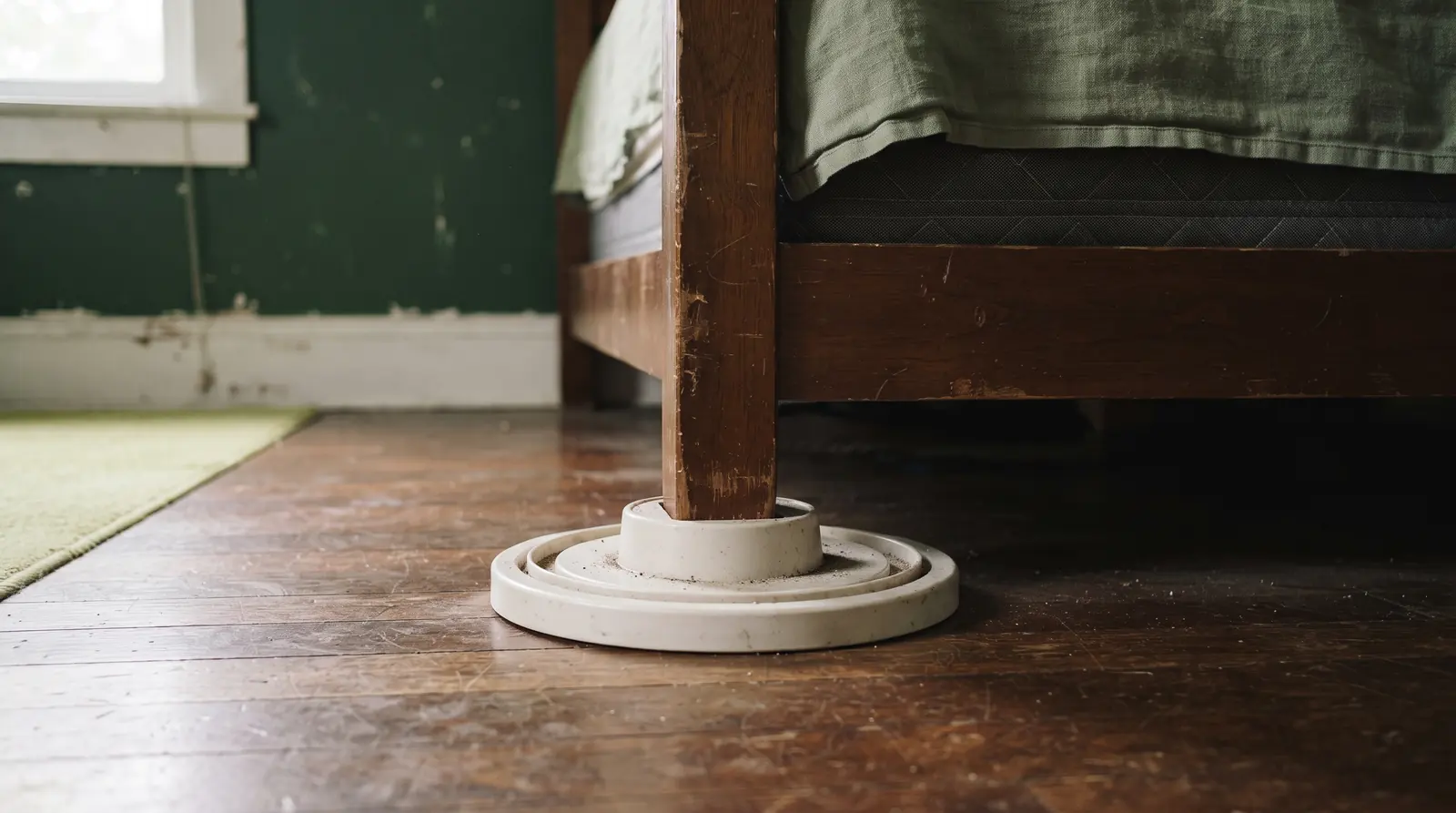Interceptor trap fitted under a bed leg on a hard floor