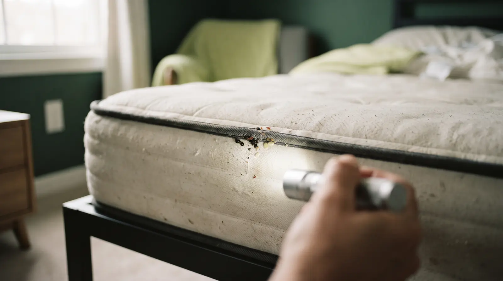 Mattress seam being inspected with a flashlight for signs of bed bugs