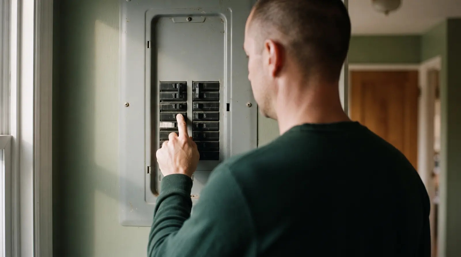 Hand pushing a tripped breaker handle fully to the off position in a residential panel
