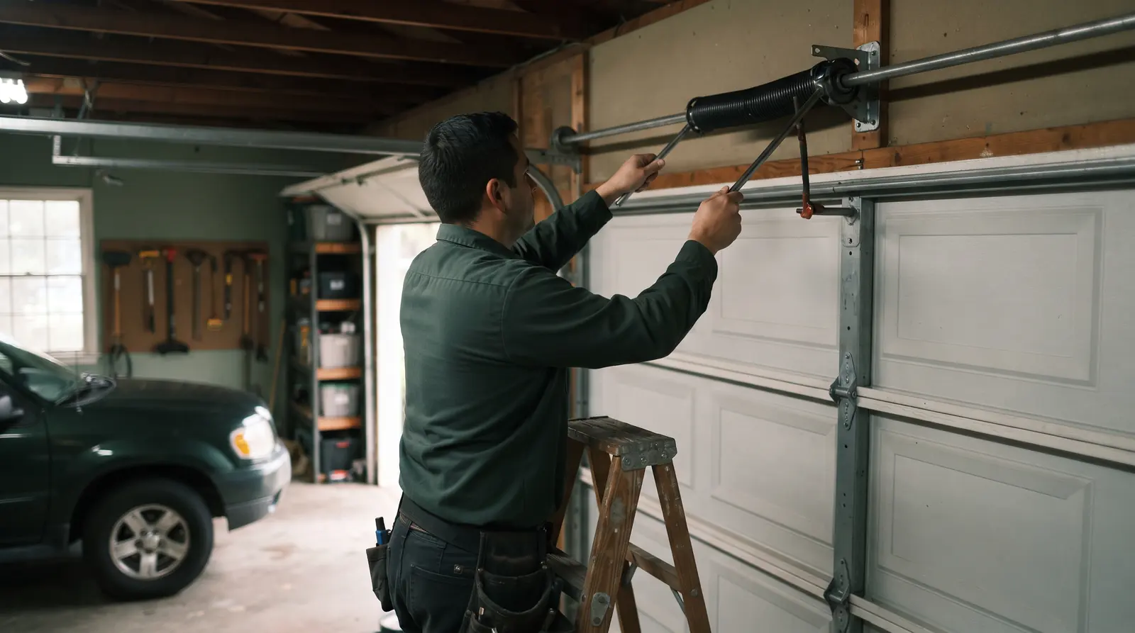 Technician winding a replacement torsion spring with winding bars