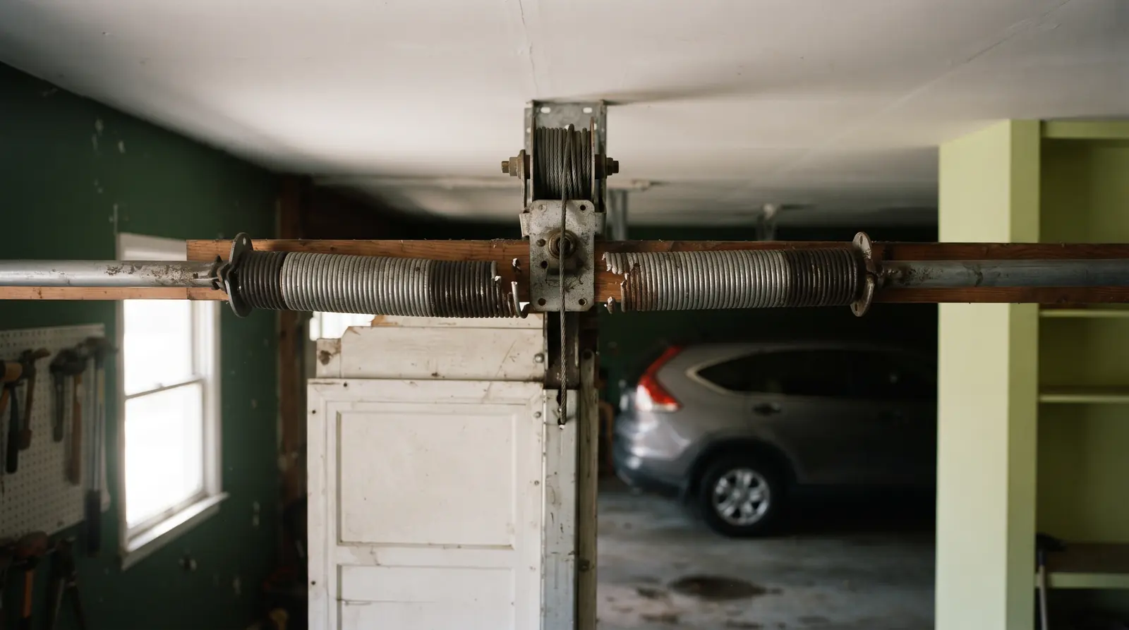 Torsion spring above a garage door showing a visible break in the coil