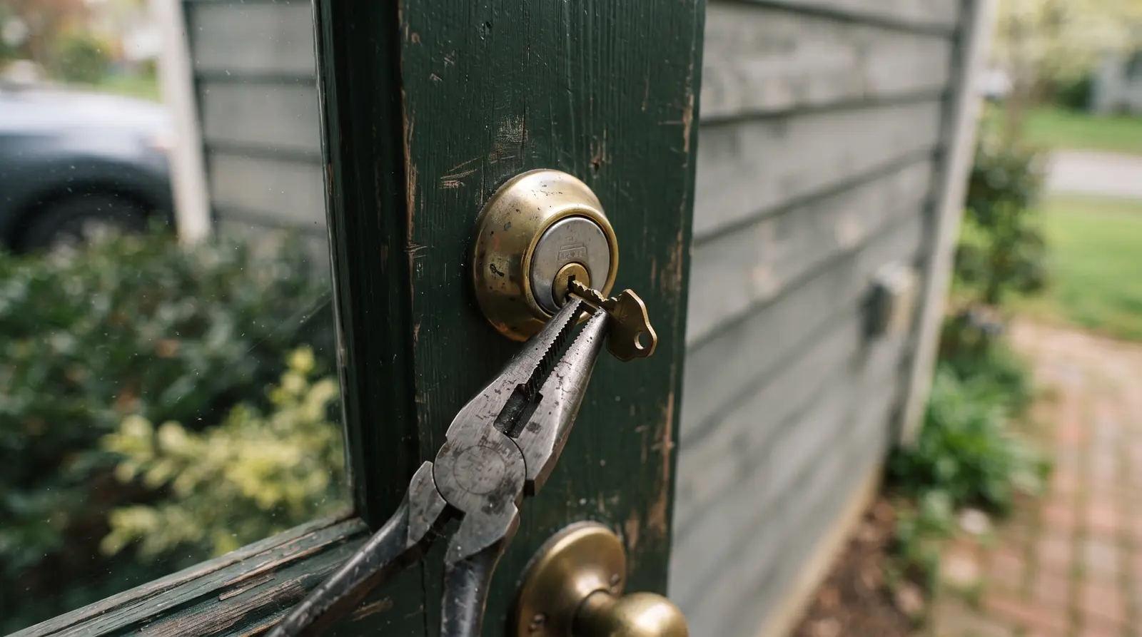Needle-nose pliers gripping the protruding stub of a snapped key in a door cylinder