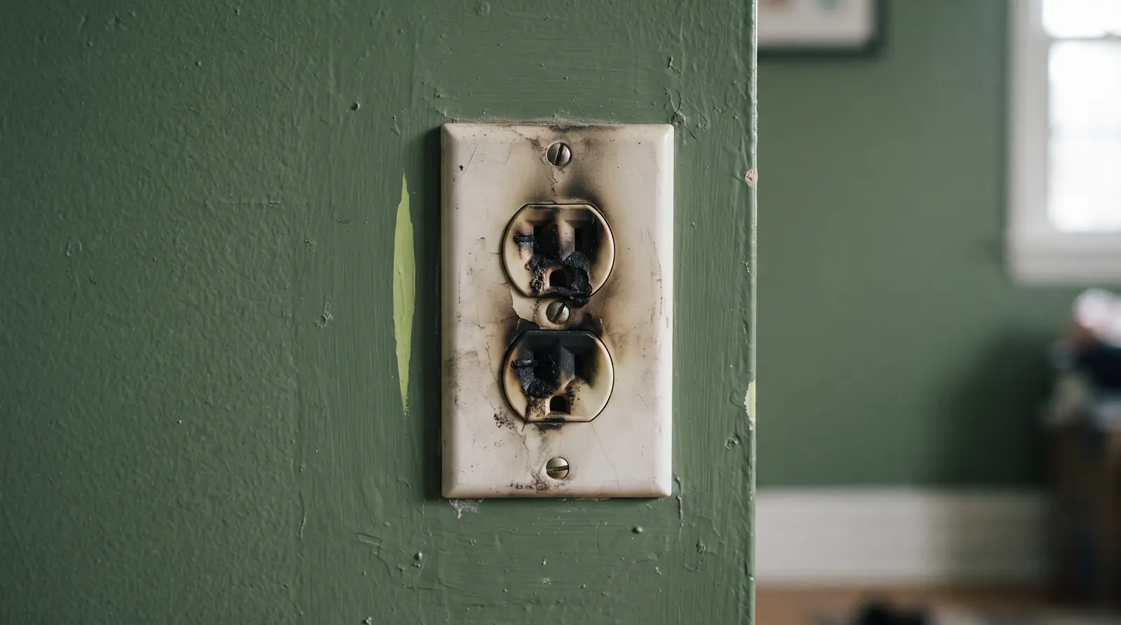Discolored wall outlet with heat damage around the socket slots