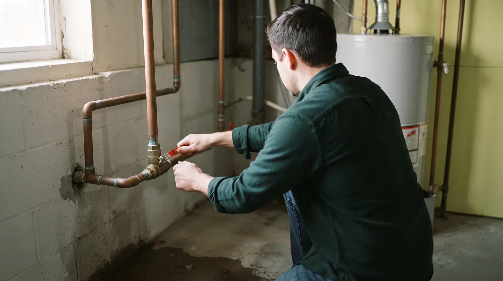 Hand closing a lever-handle main water shut-off valve on a copper line