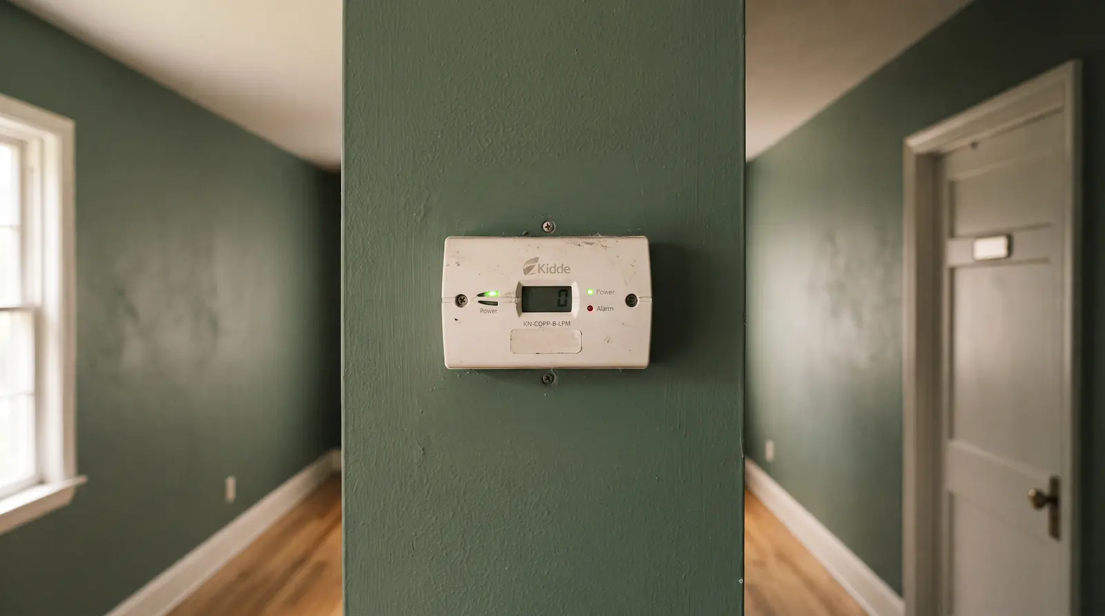 Carbon monoxide alarm mounted on a hallway wall outside a bedroom