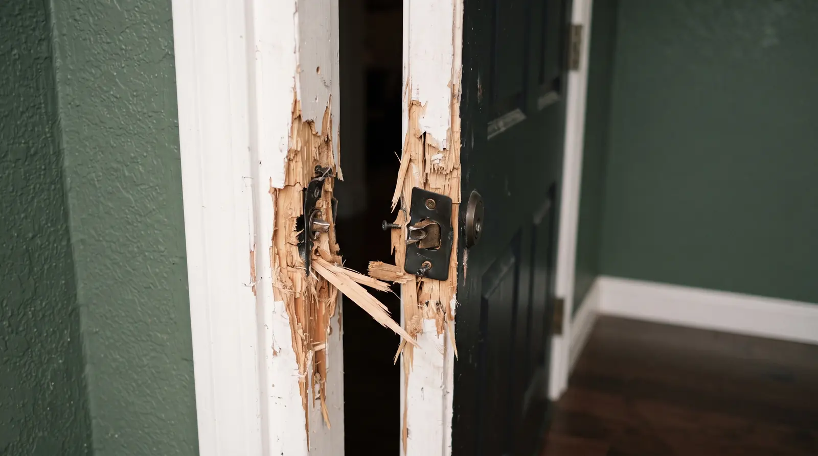 Damaged door frame with a splintered jamb after a forced entry