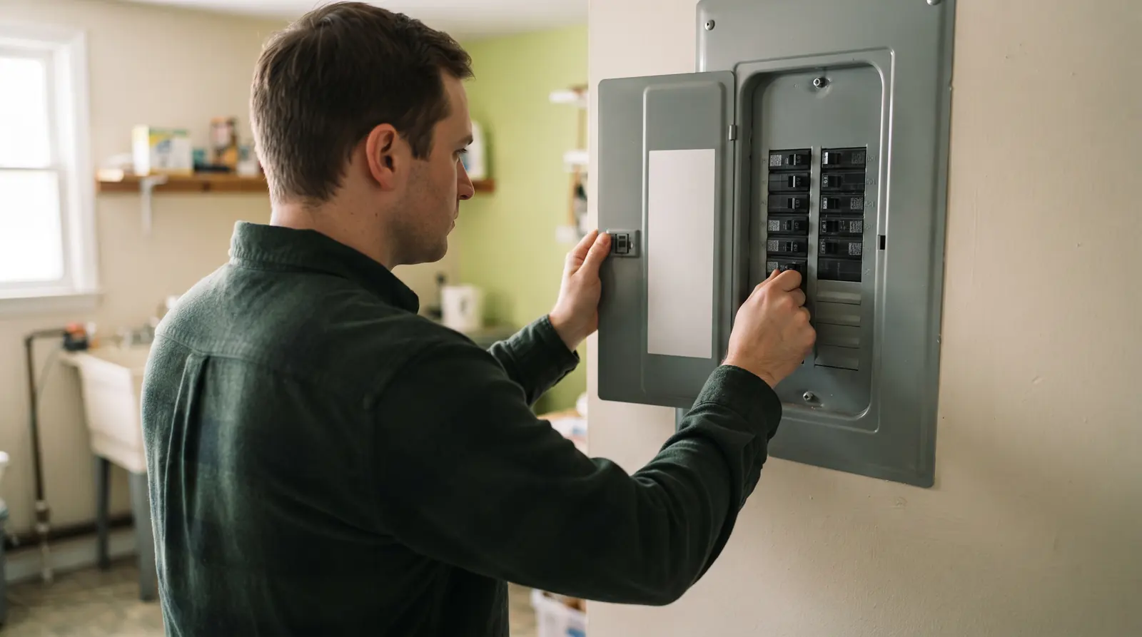 Hand pushing a tripped circuit breaker fully to the off position before resetting