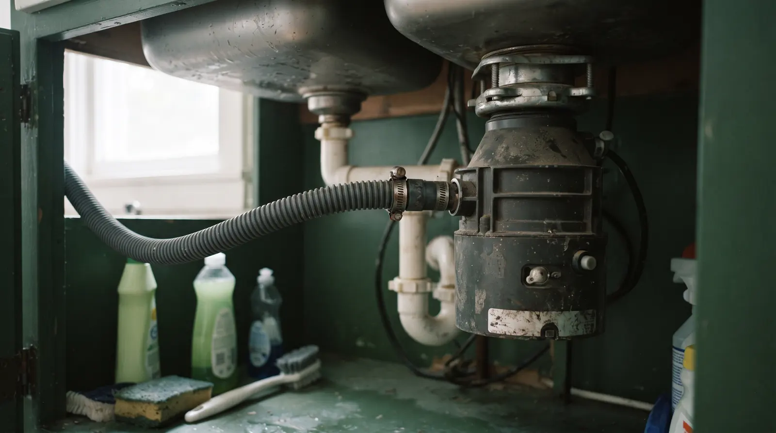Dishwasher drain hose connected to a garbage disposal inlet under a sink