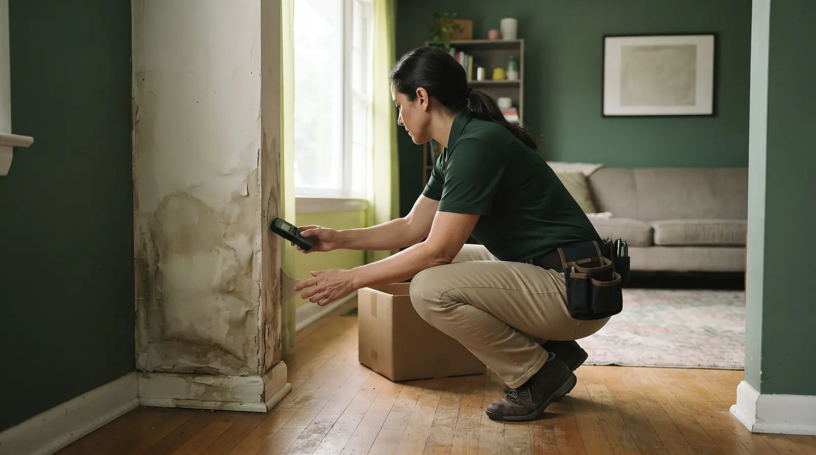 Insurance adjuster inspecting water-damaged drywall in a residential room