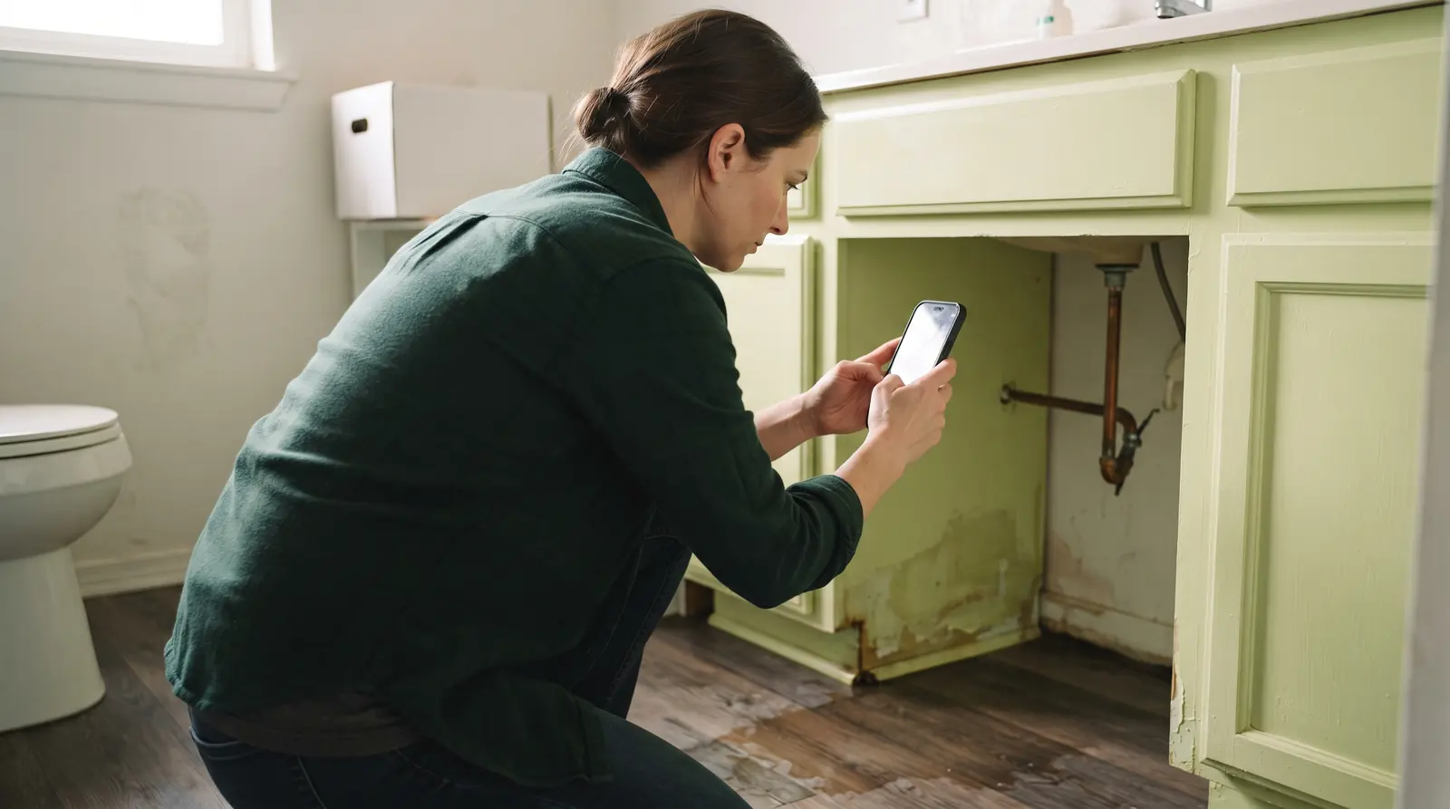 Homeowner photographing a split supply pipe and water damage for an insurance claim