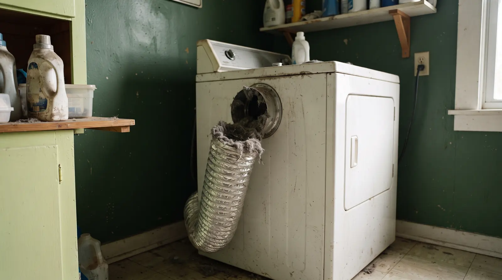 Flexible dryer duct disconnected from the back of a machine showing lint buildup