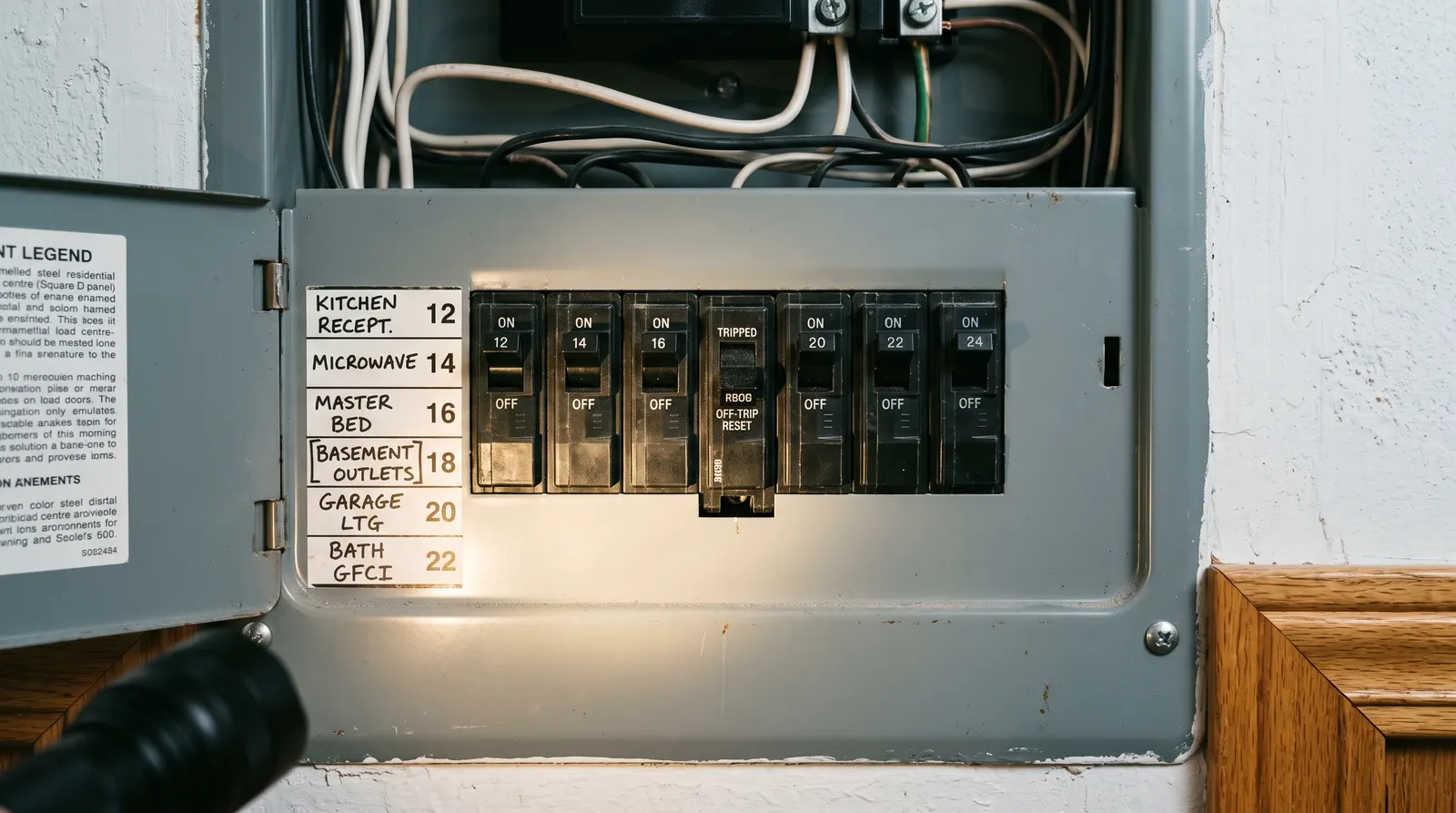 Row of breaker handles in an open panel with one stopped at the centre trip position