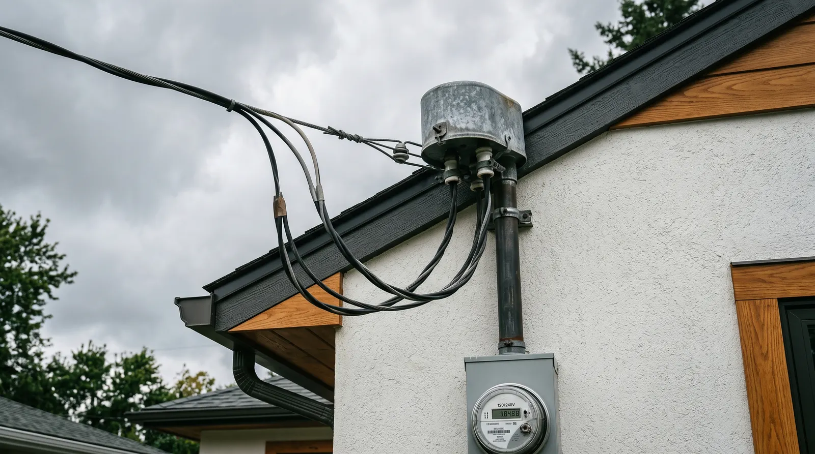 Weatherhead and service drop conductors entering a house at the roofline
