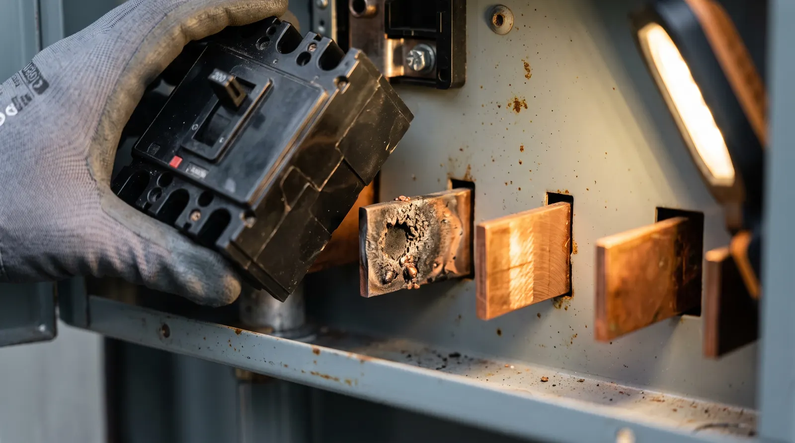 Breaker stab and bus bar in a panel showing arc pitting on the contact