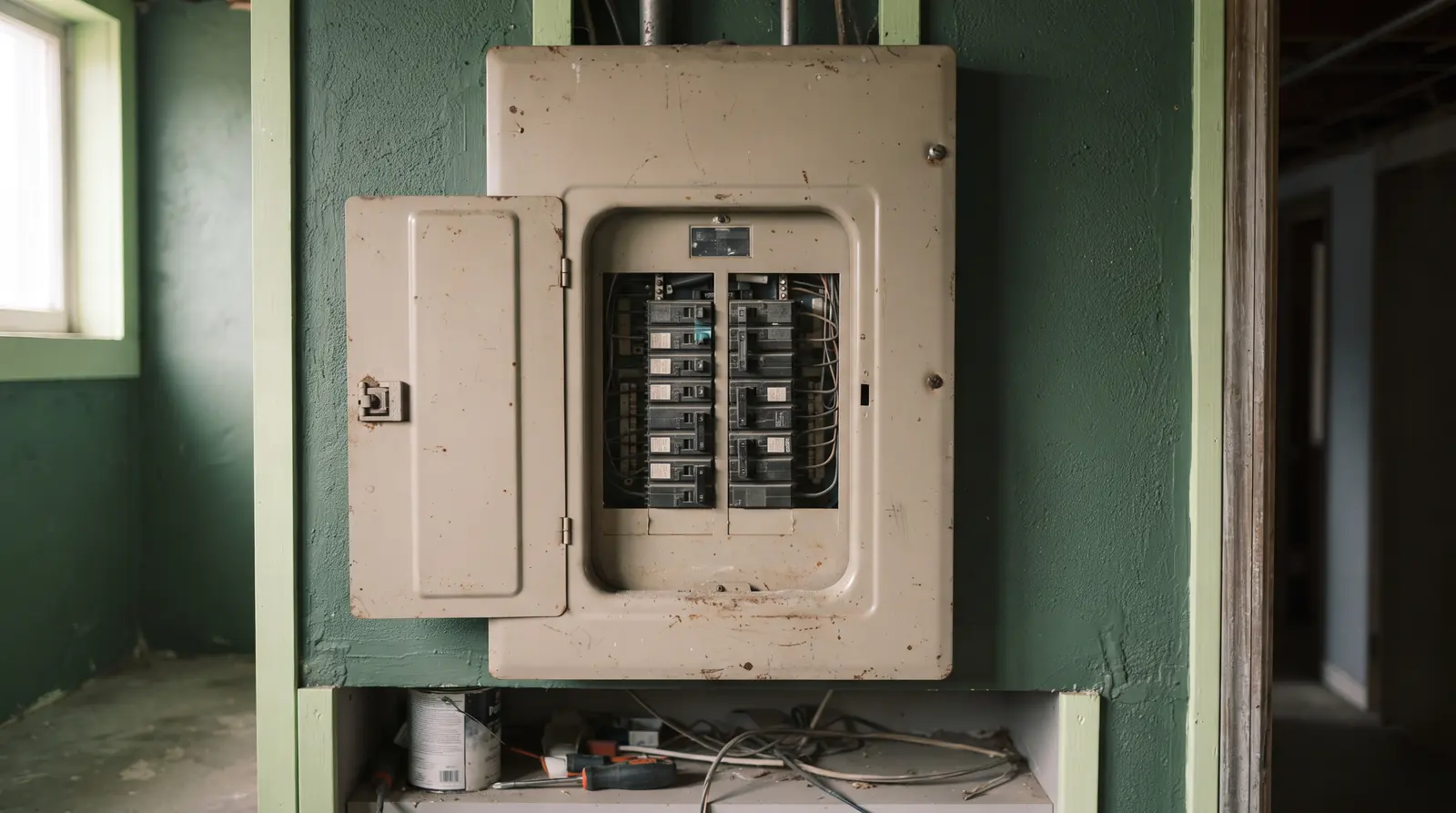 Closed residential electrical panel cover with breakers visible through the door