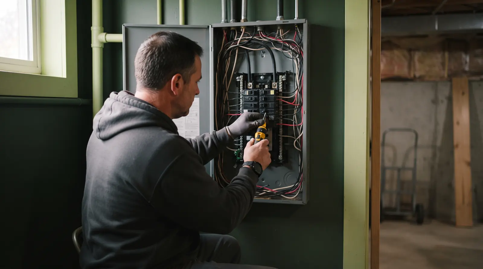 Electrician checking terminations inside a residential panel with a torque driver