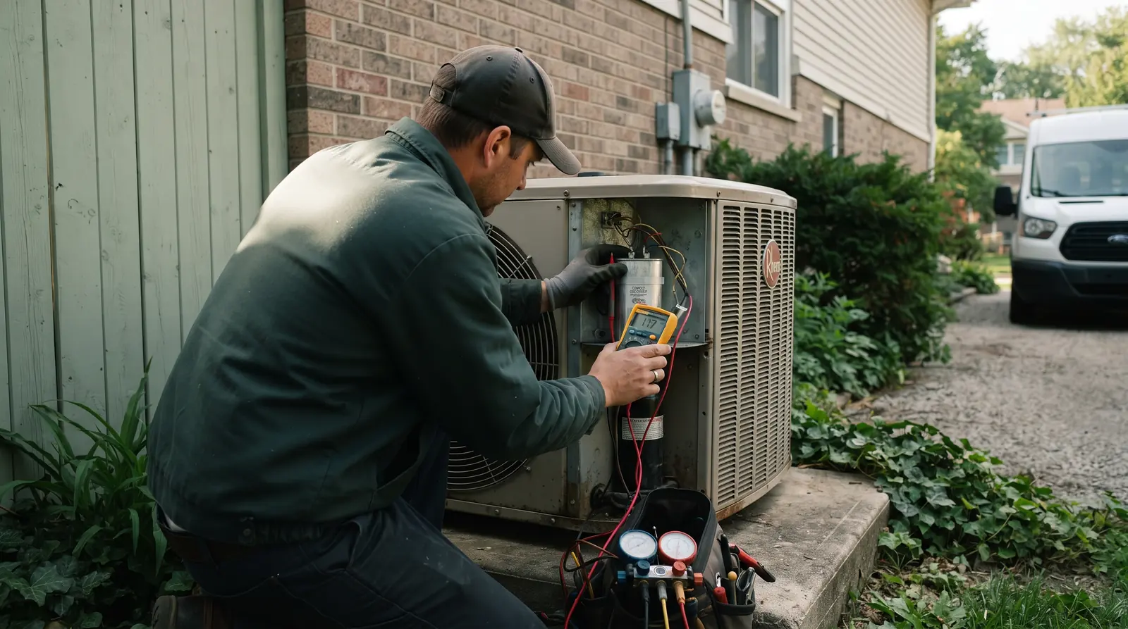 HVAC technician testing a run capacitor on an outdoor condenser