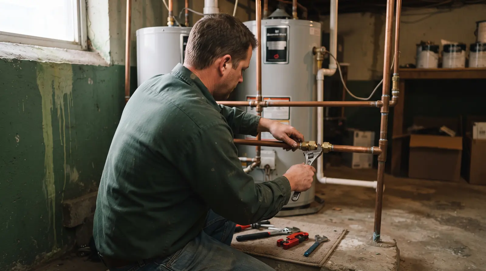 Plumber fitting a compression repair to a copper pipe in a basement