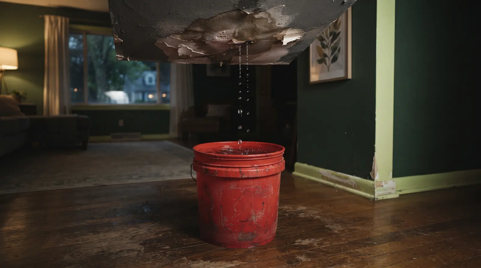 Bucket catching water from a ceiling leak in a lit room at night