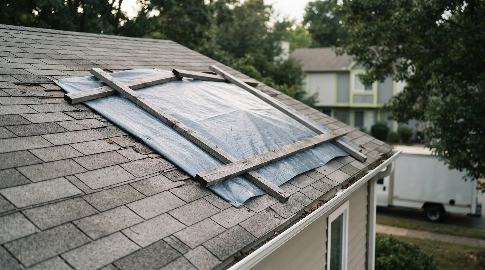 Emergency tarp secured over a damaged section of residential roof