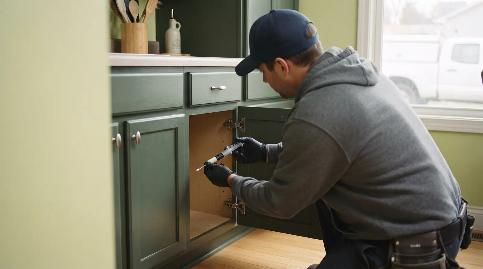 Technician applying gel bait behind a kitchen cabinet hinge