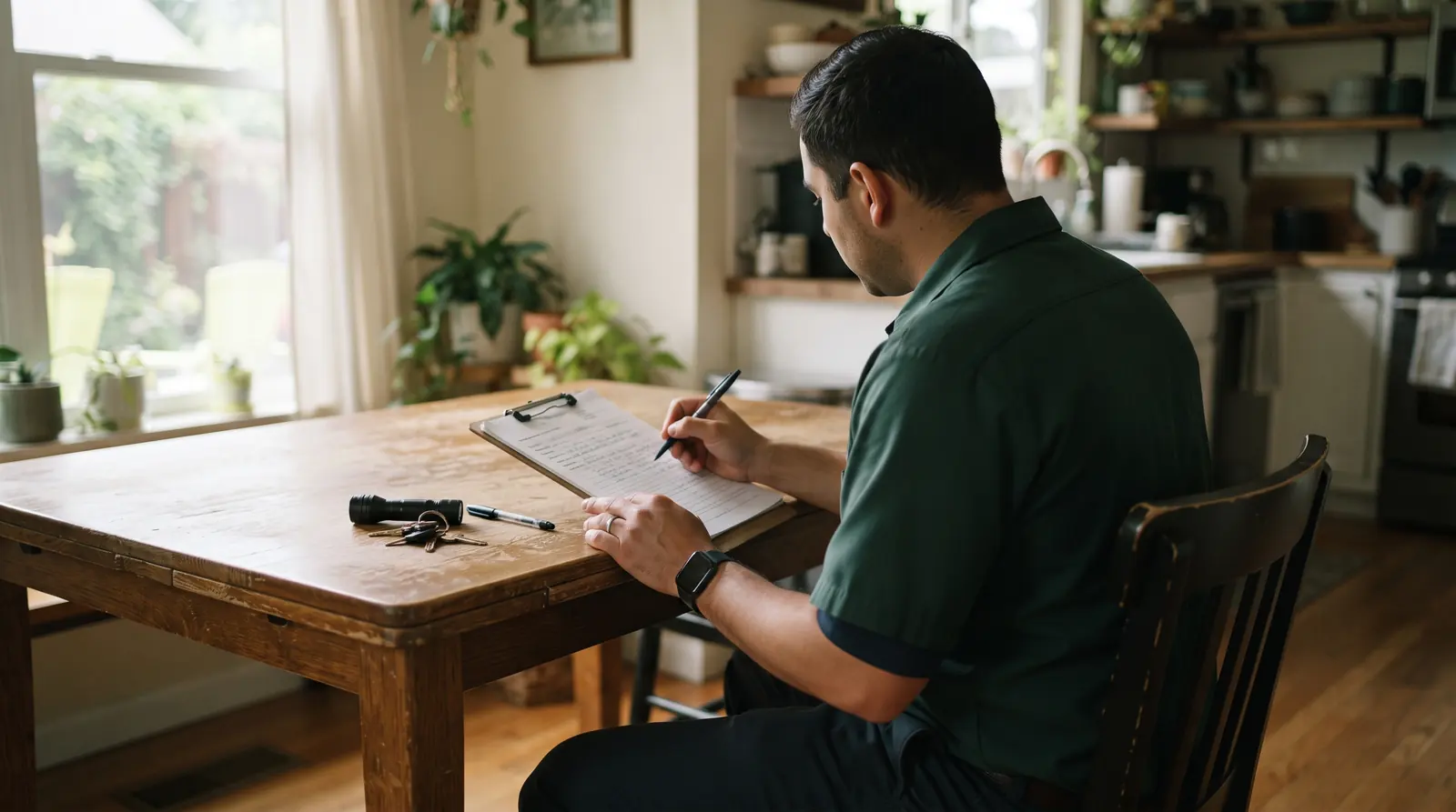 Pest control technician writing up an inspection report at a property