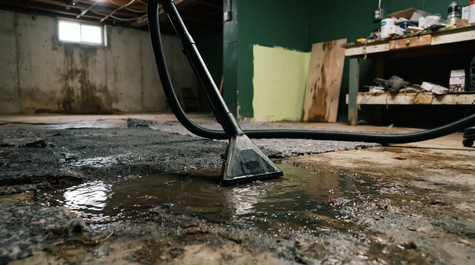 Wet vacuum extracting standing water from a flooded basement floor