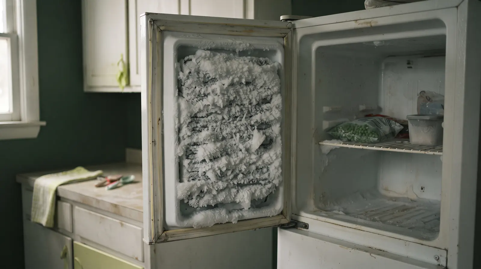 Heavy frost buildup on the interior rear panel of a freezer