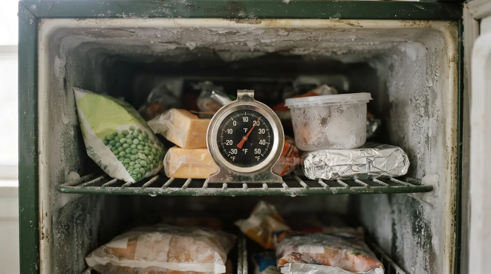 Appliance thermometer placed on a freezer shelf beside frozen food