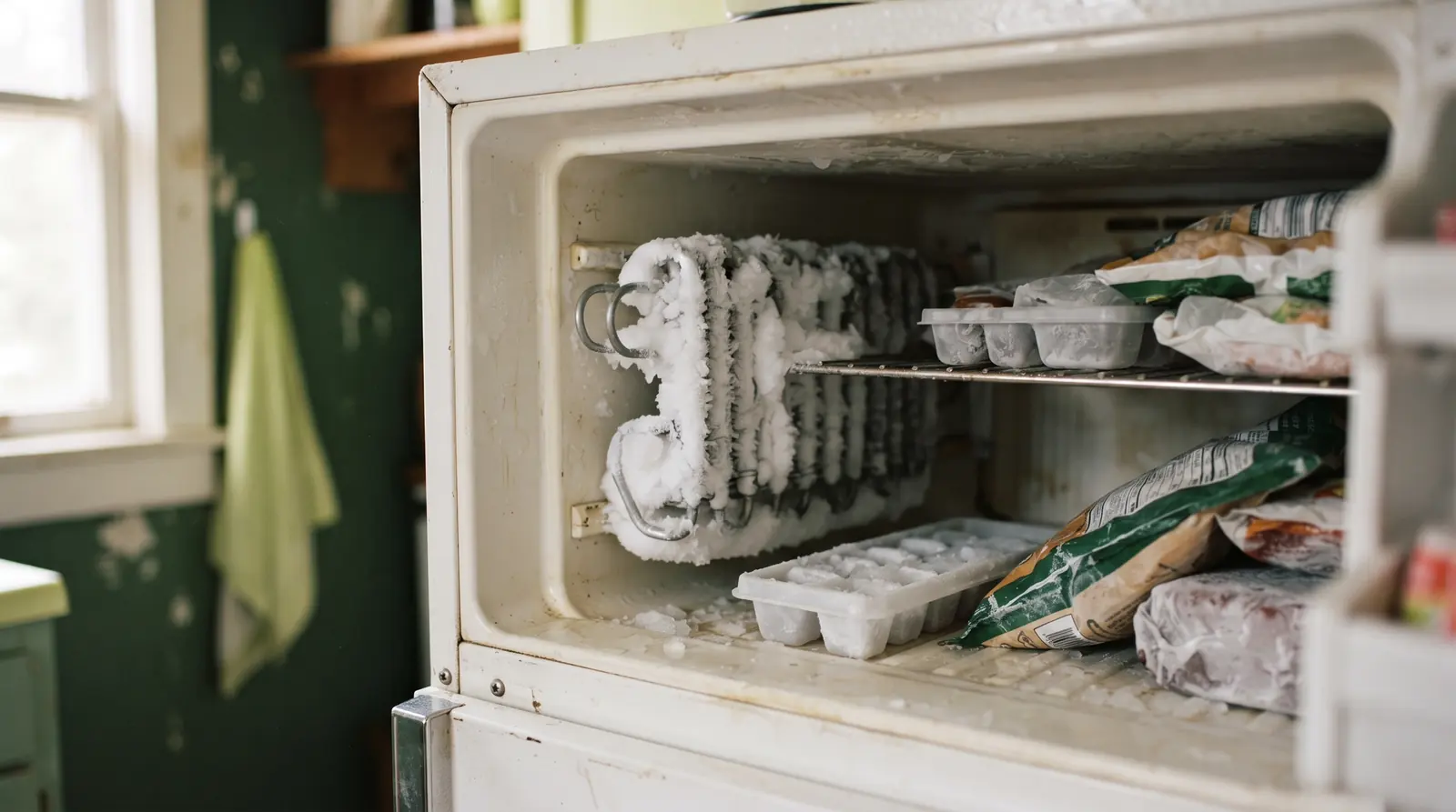 Frost buildup visible on a refrigerator evaporator coil
