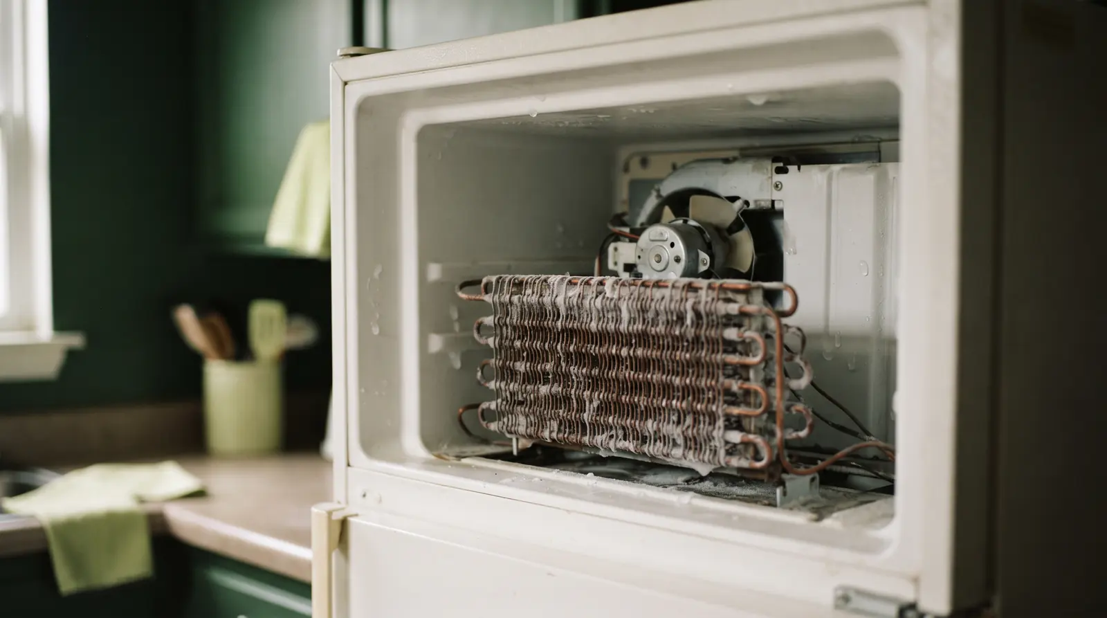 Rear freezer panel removed showing the evaporator coil and fan