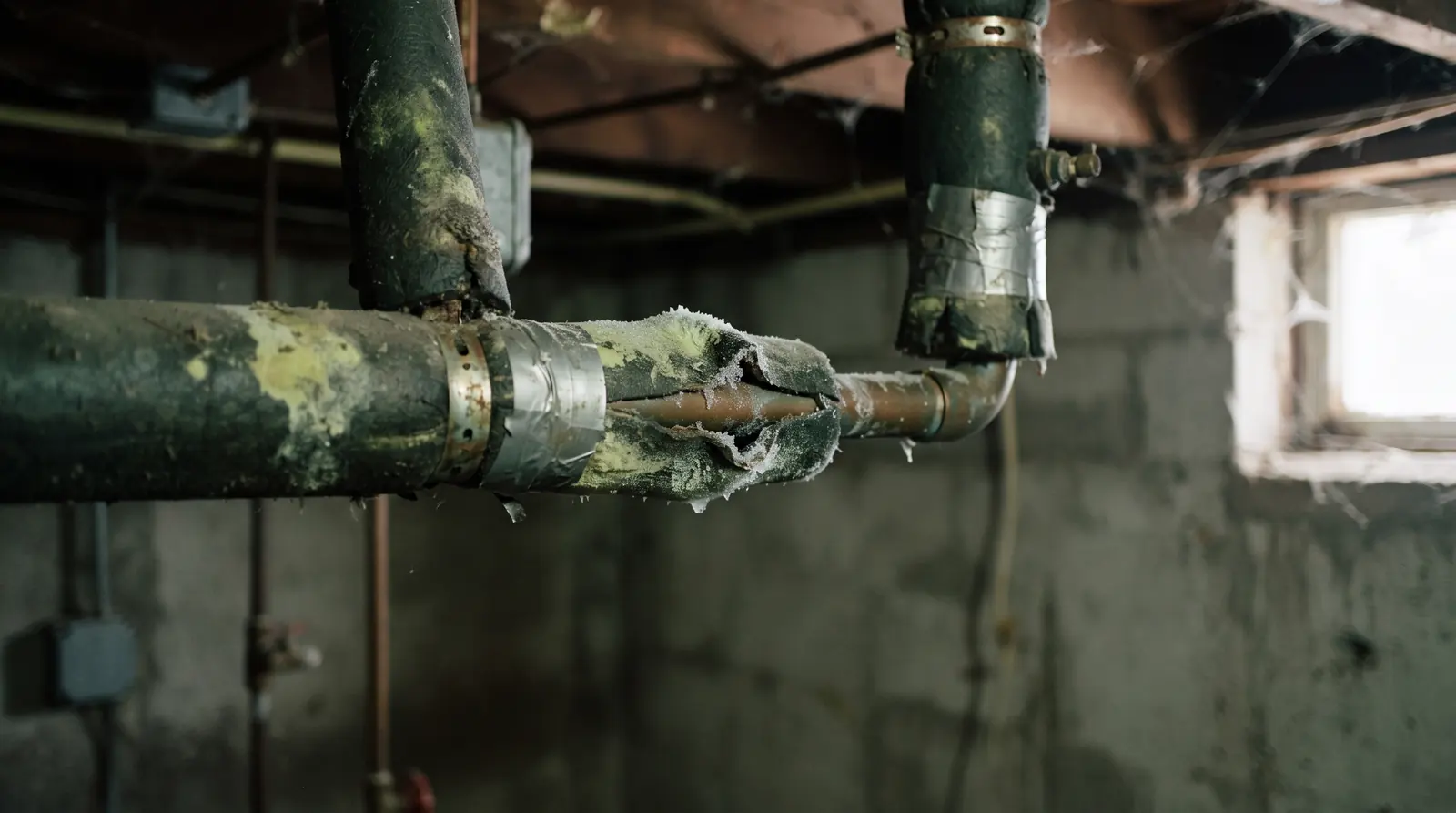 Insulated pipe lagging on a supply run in an unheated basement