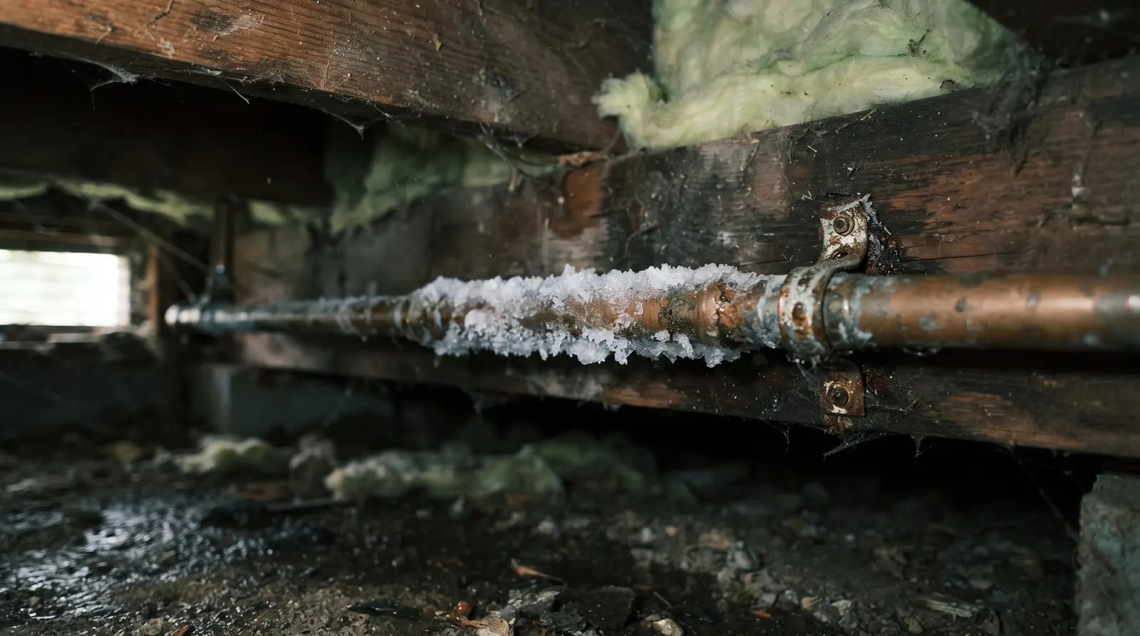 Frost on an exposed copper water pipe in an unheated crawlspace