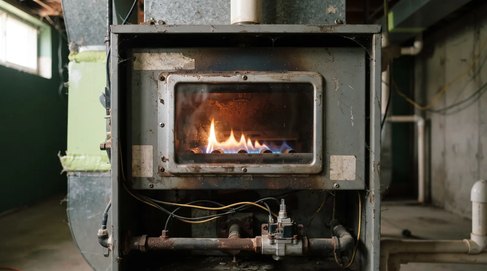 Gas furnace burners viewed through the inspection window during a heating cycle