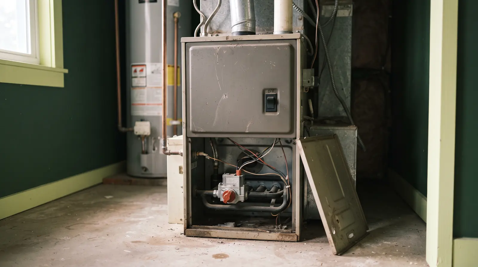 Gas furnace with the front access panel and power switch visible