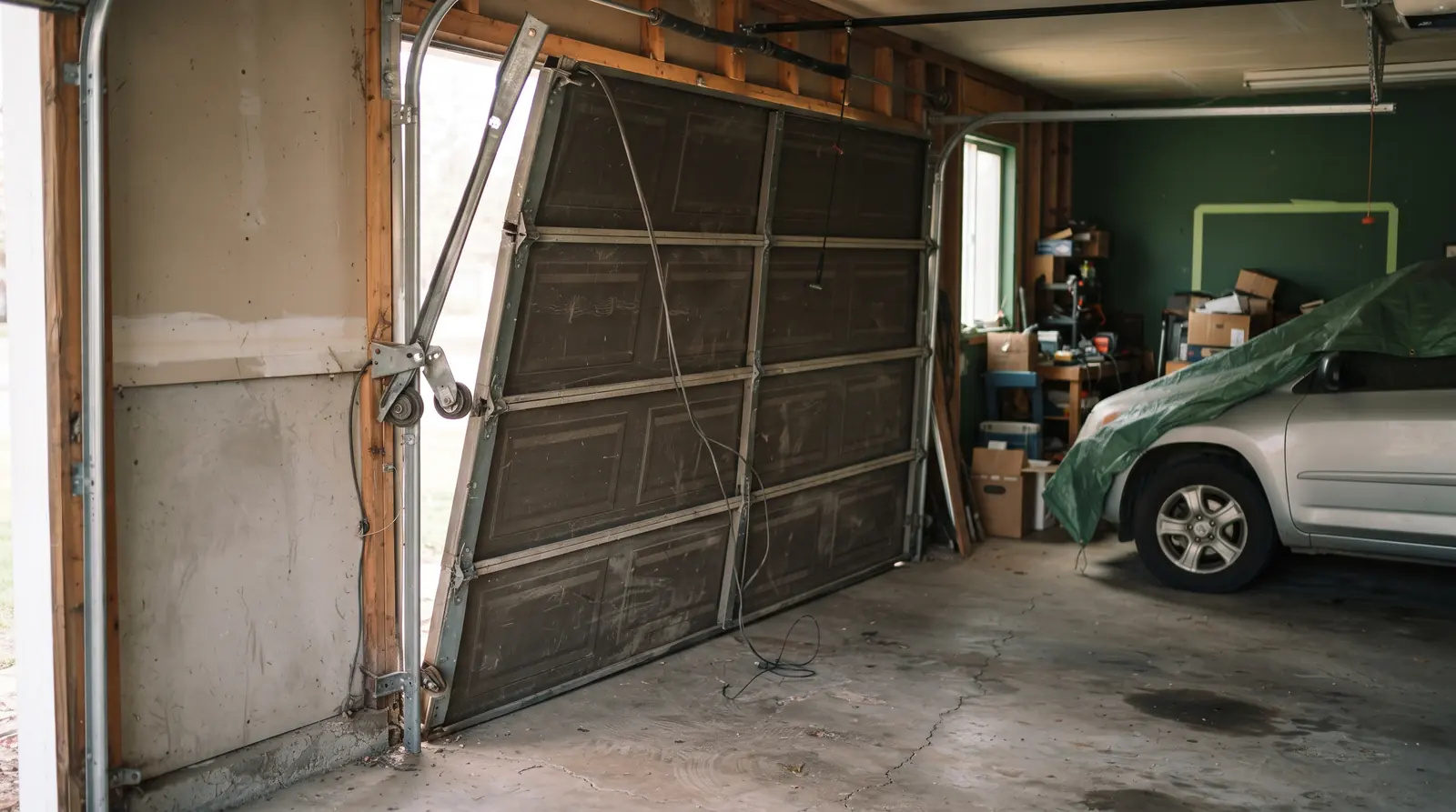 Garage door sitting crooked with one side lower than the other
