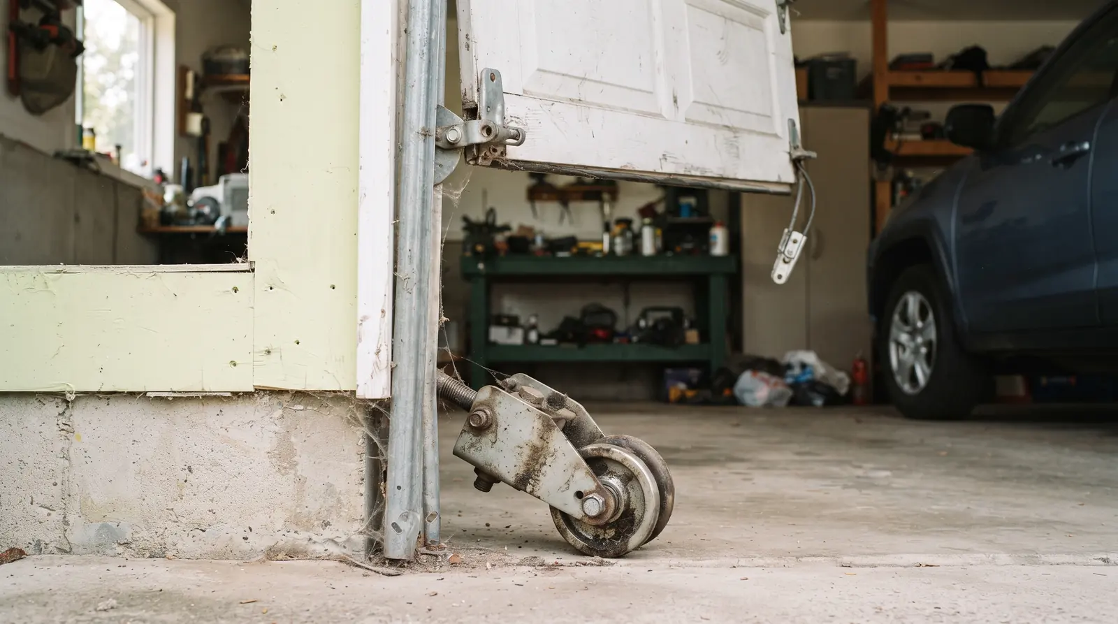 Garage door roller sitting outside its vertical track