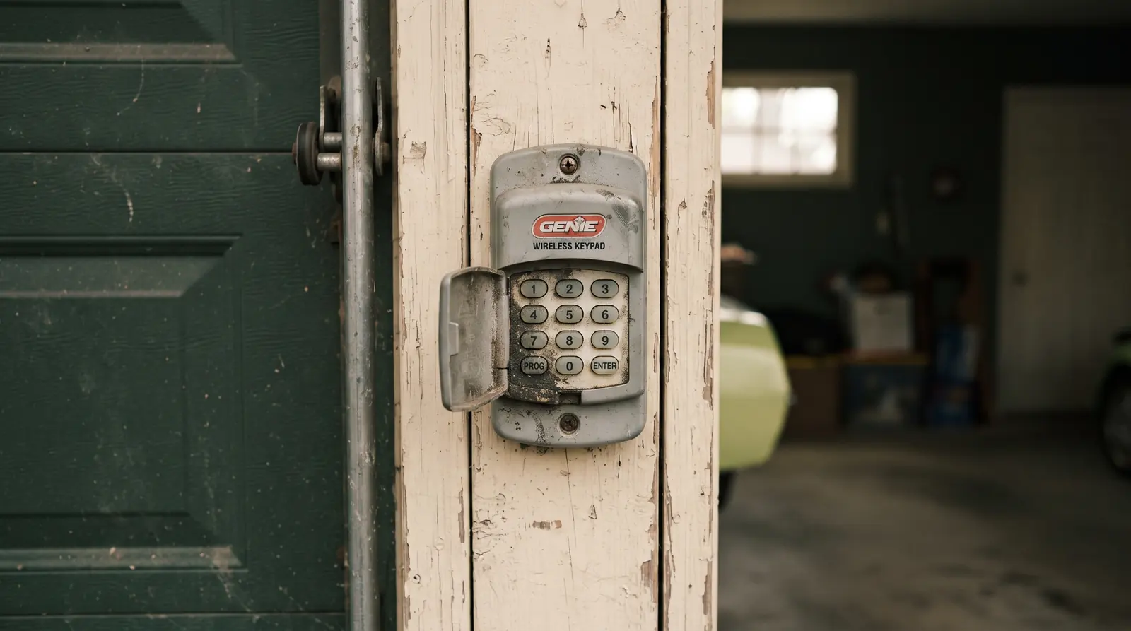 Wireless keypad mounted beside a garage door opening
