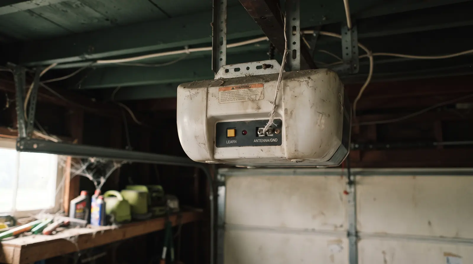 Learn button and antenna wire on a garage door opener motor unit