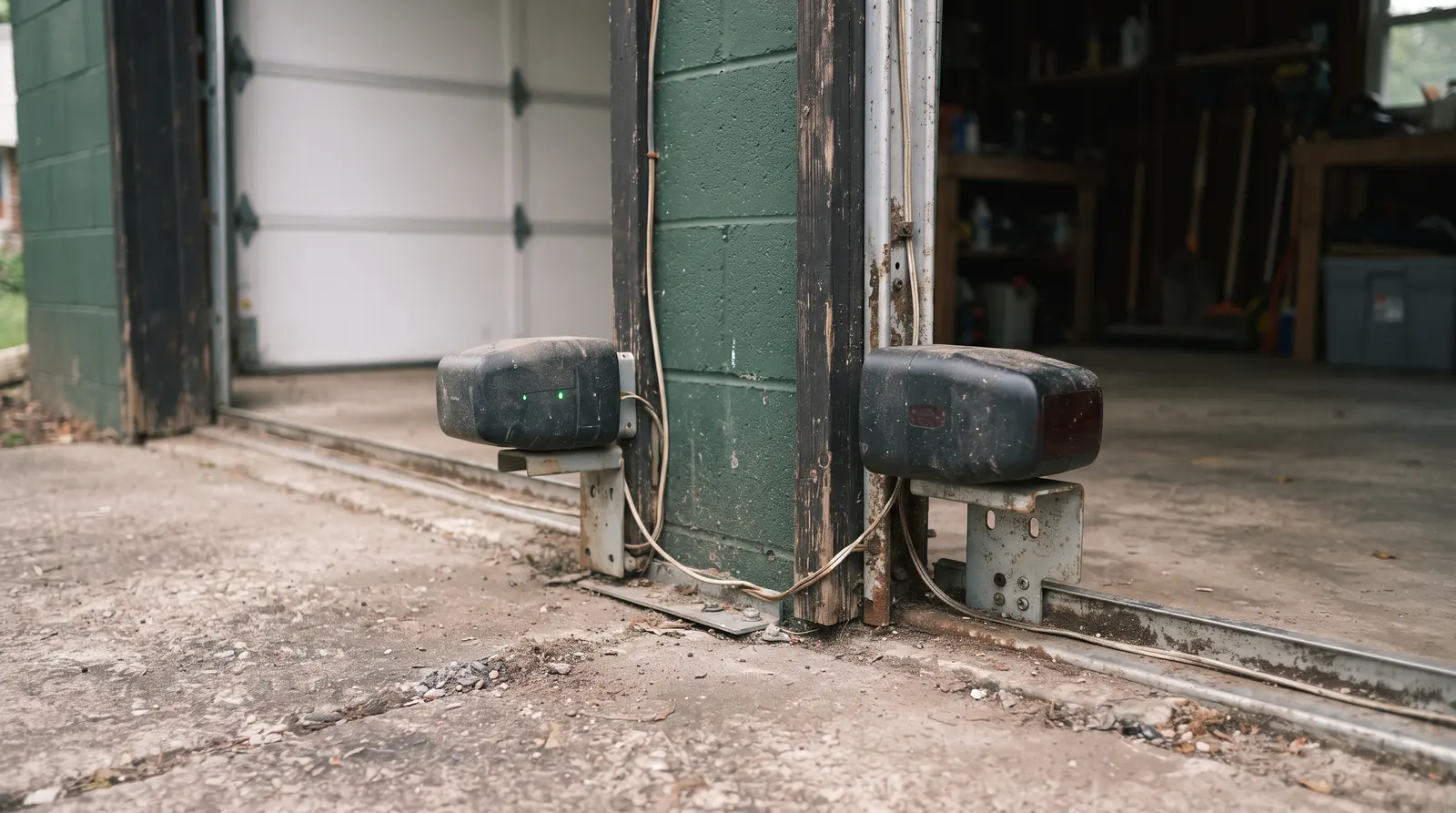 Pair of garage door safety sensors facing each other across an opening