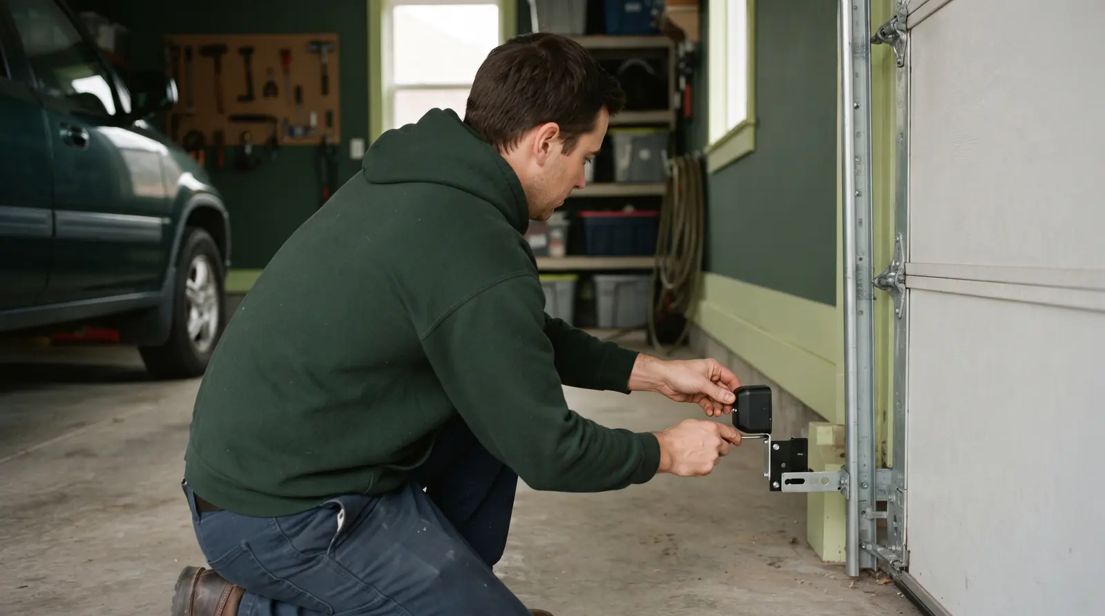 Hand adjusting a garage door safety sensor bracket near the floor