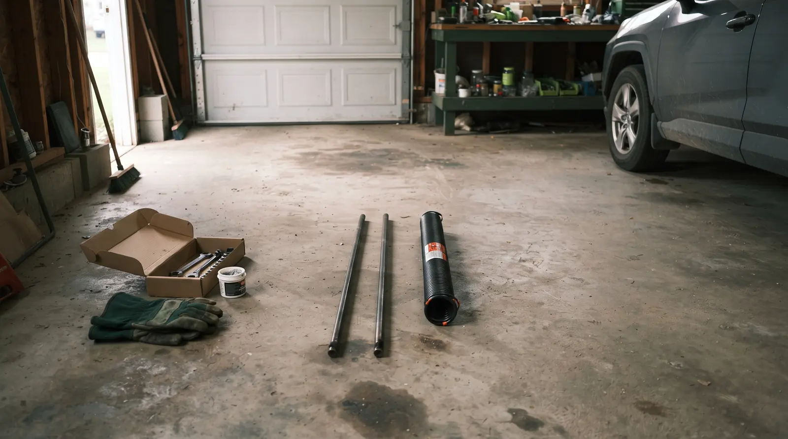 Winding bars and a replacement torsion spring laid out before fitting