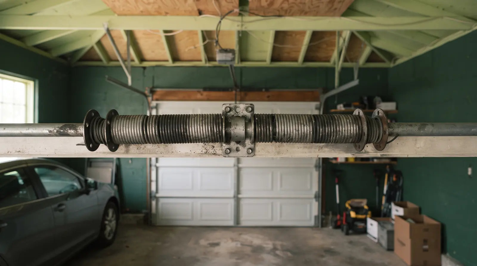 Torsion springs mounted on the shaft above a residential garage door