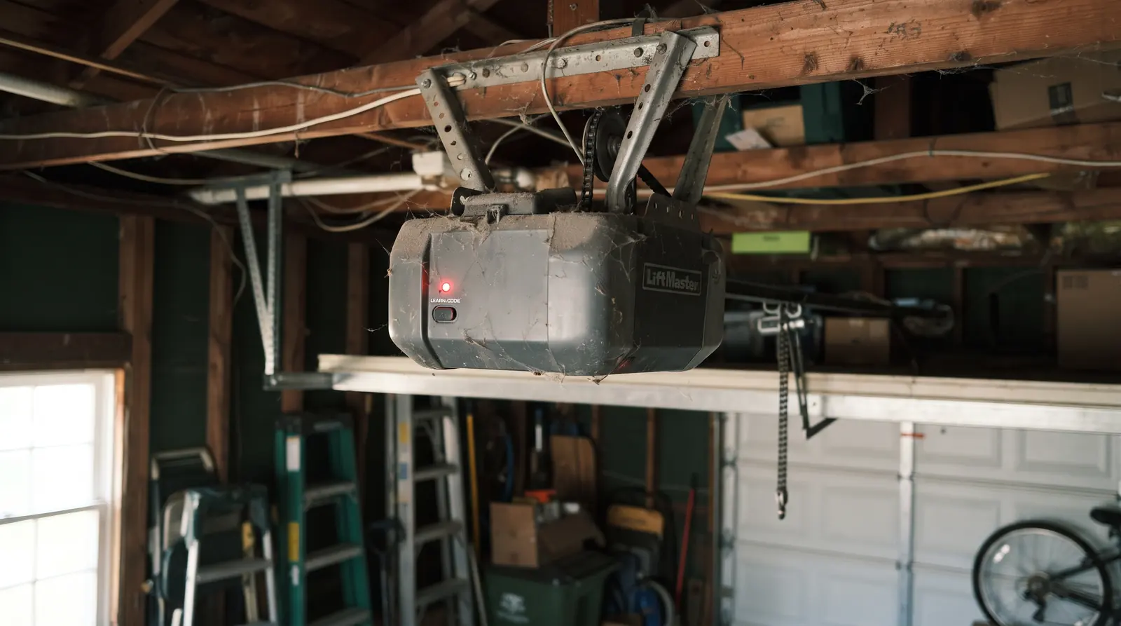 Opener motor unit with the indicator light visible on the housing