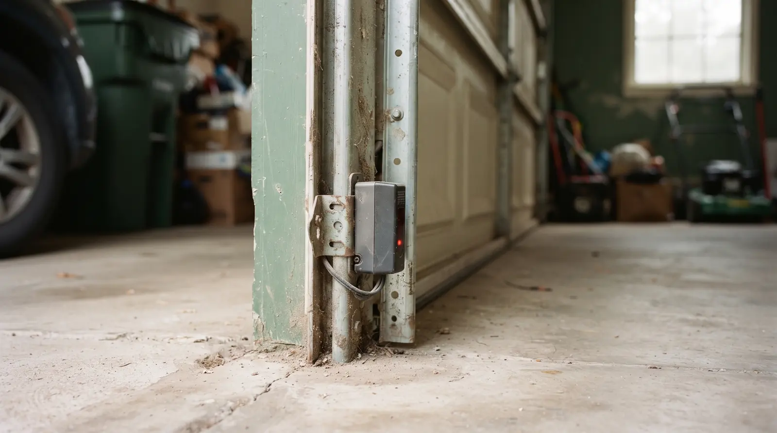 Garage door photo eye sensor mounted low on the vertical track